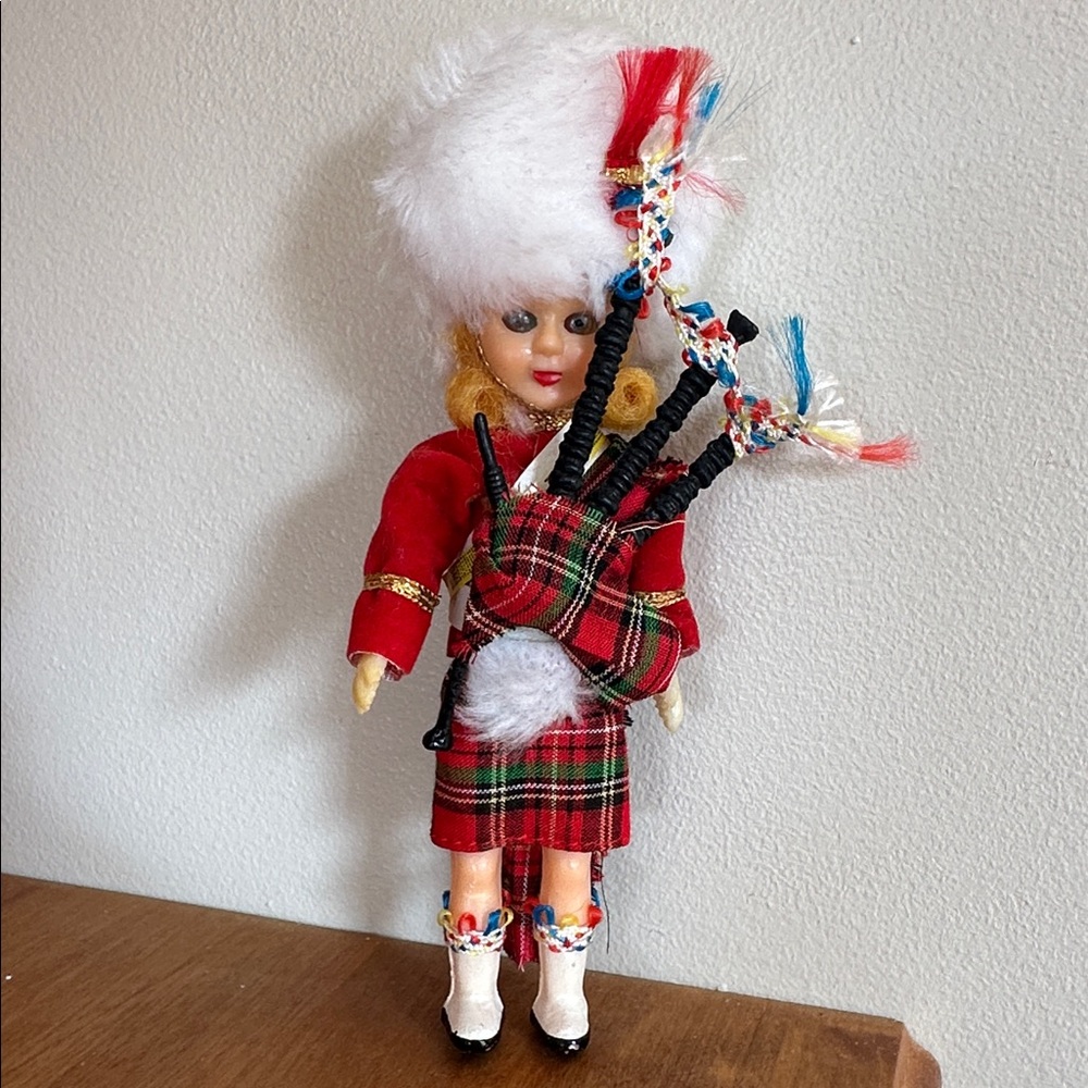 Vintage Scottish Doll in Red Tartan Outfit with Bagpipes and Busby.